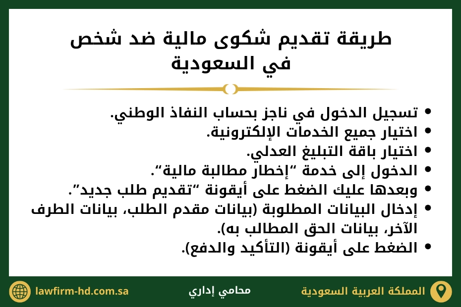 طريقة تقديم شكوى مالية ضد شخص في السعودية